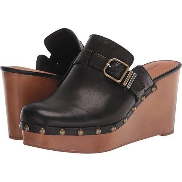 Lucky Brand Shoes - Lucky Brand Leather Wedge Clog Mules Black Studded Buckle Leather 9.5